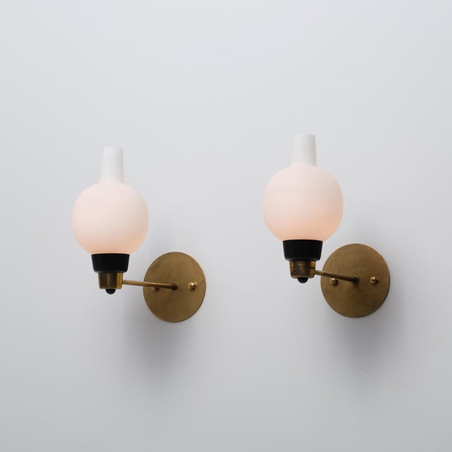 Vintage Italian Sconces in Brass and Opaline Glass, 1950s, Set of 2 For Sale - Image 11 of 12