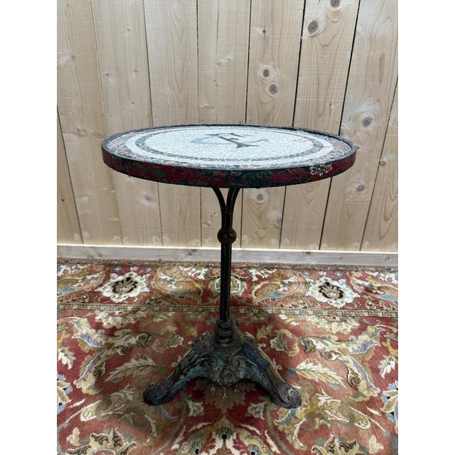 Metal Bistro Side Table with Cast Iron Base and Mosaic For Sale - Image 7 of 7