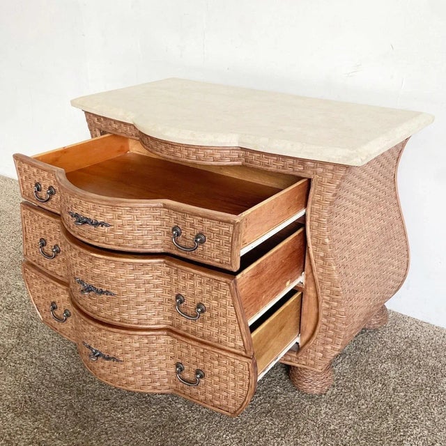 1990s Boho Chic Wicker Tessellated Stone Top Chest of Drawers For Sale - Image 5 of 11