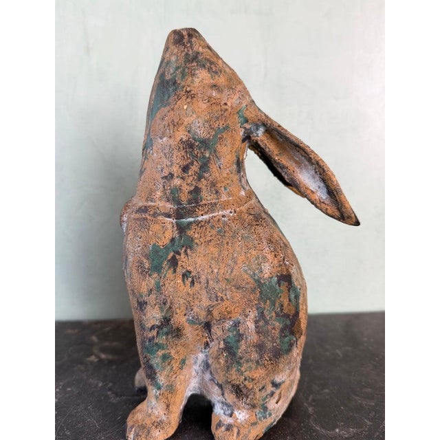 1920s Pair of Weathered Cast Iron Rabbit Garden Sculptures With Verdigris Patina For Sale - Image 5 of 9