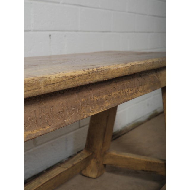 Late 20th Century Rustic Yellow Painted Wooden Bench With Carved Front Apron For Sale - Image 4 of 5