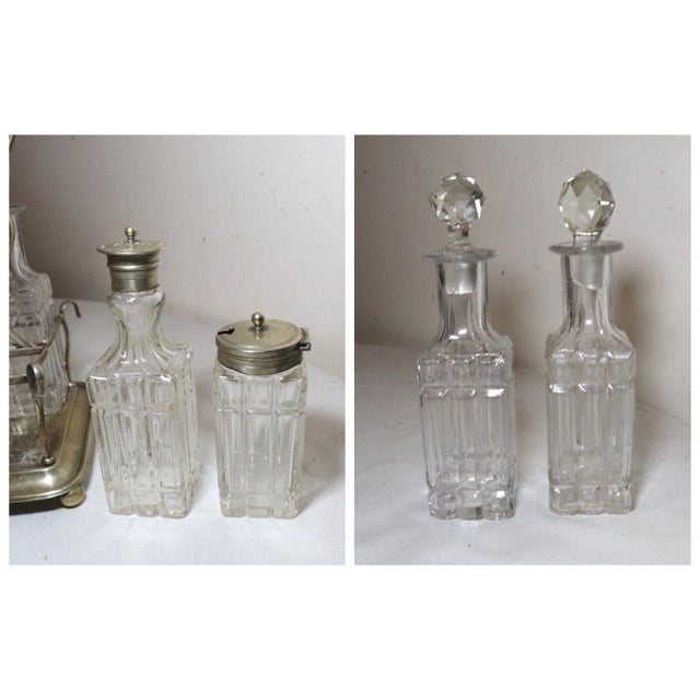 Metal Antique 1800's Ornate Cut Crystal Nickel Plate Epns Cruet Condiment Set Caddy For Sale - Image 7 of 12