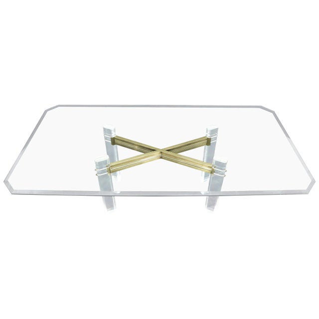 Large Glass Top Lucite and Brass Base Conference Dining Table atr. Mastercraft For Sale - Image 13 of 13