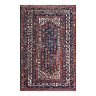 1900s Blue Navy Geometric Tribal Antique W. Persian Kurdish Rug 4'6" X 6'9" Handknotted Wool Carpet For Sale