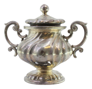 Sugar Bowl in Gummed Silver with Smooth Handles and Knob Lid
