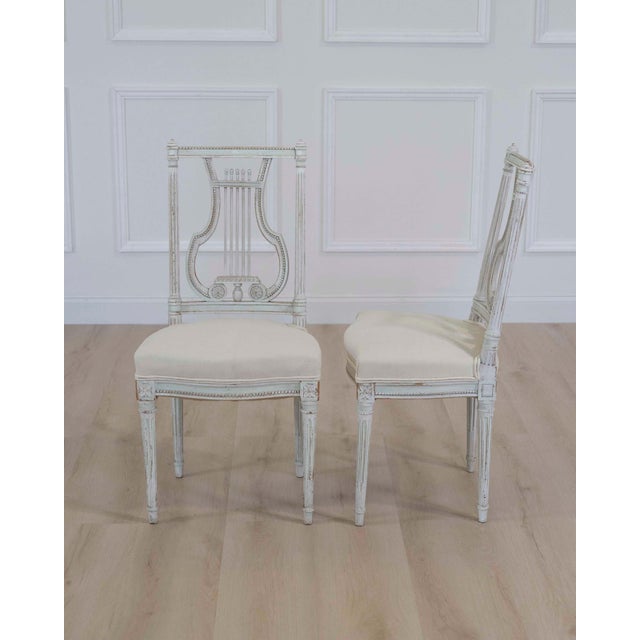Pair of Antique French Neoclassical Painted Chairs in Antique Linen For Sale - Image 12 of 13