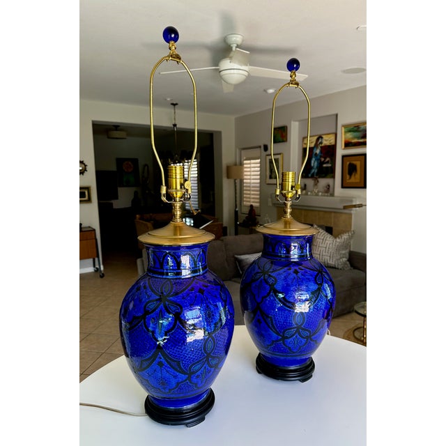 Vintage Moorish Safi Hand-Painted Cobalt Ceramic Table Lamps - Pair For Sale - Image 4 of 17