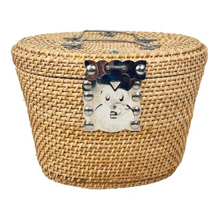 Vintage Hand-Woven Rattan & Wicker Travel Tea Basket / Storage Caddy For Sale