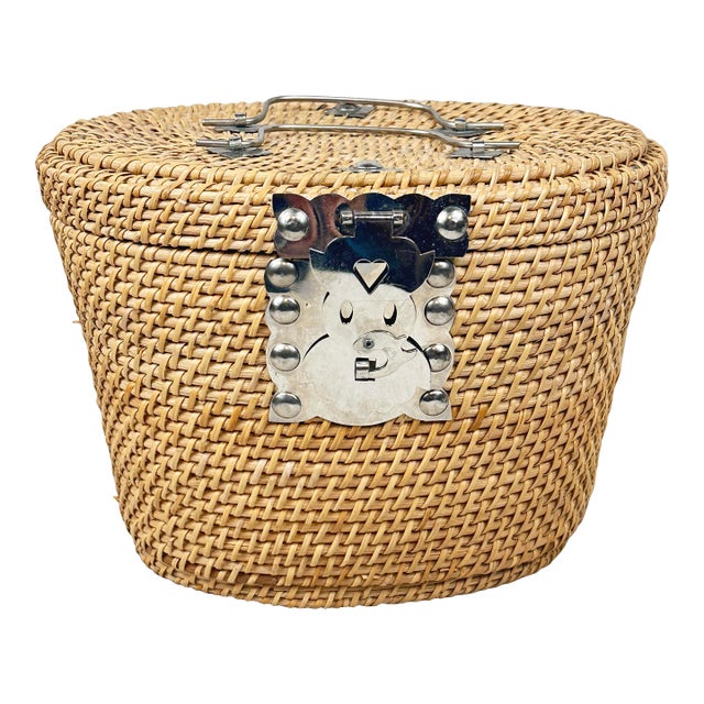Vintage Hand-Woven Rattan & Wicker Travel Tea Basket / Storage Caddy For Sale