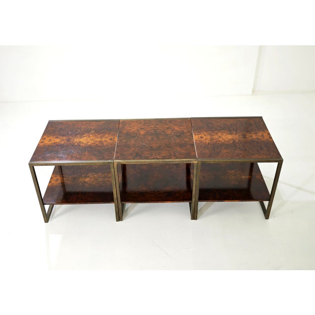 Brown Mid-Century Modern Brass and Wood Coffee Tables, Italy, 1970s, Set of 3 For Sale - Image 8 of 14