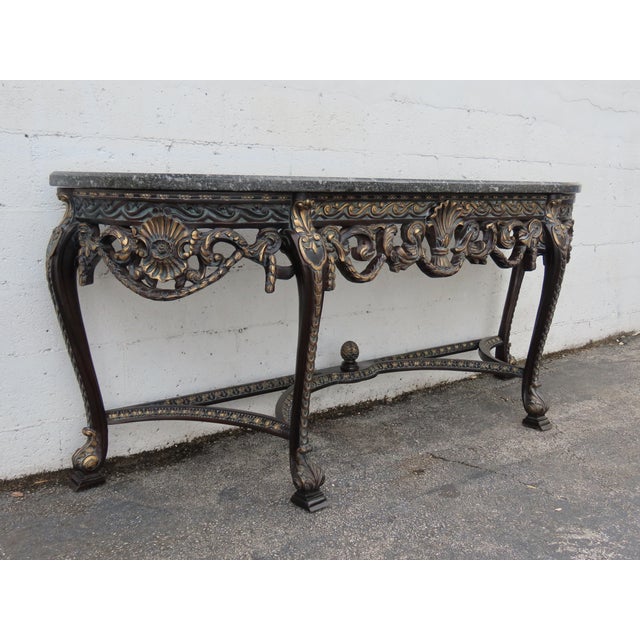 French Painted Black Heavy Carved Marble Top Large Long Console Entry Table 6381 For Sale - Image 11 of 12