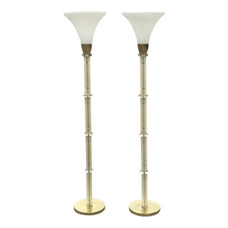 1980s Hollywood Regency Frosted Glass & Lucite Torchiere Floor Lamps - a Pair For Sale