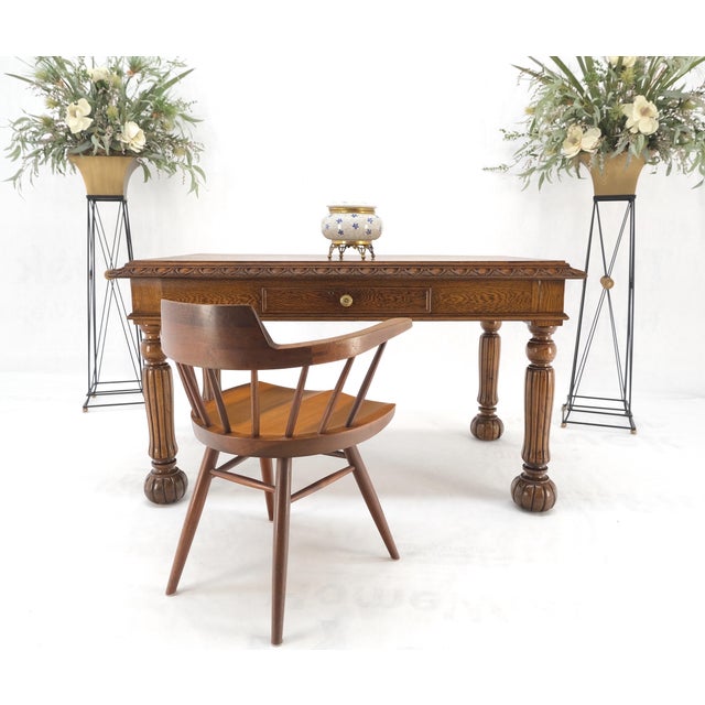 Heavy Fluted Carved Oak Legs 1 Drawer Arts & Crafts Desk Writing Table Clean! For Sale - Image 9 of 17