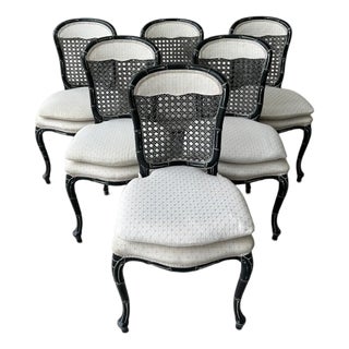 Vintage Chinoiserie Dark Jade Green Lacquer Faux Bamboo Cane Dining Chairs - Set of 6 For Sale