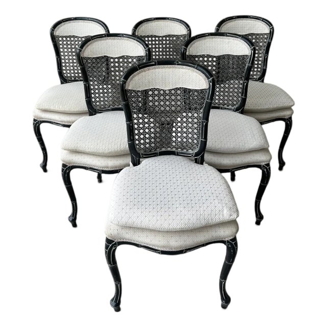 Vintage Chinoiserie Dark Jade Green Lacquer Faux Bamboo Cane Dining Chairs - Set of 6 For Sale