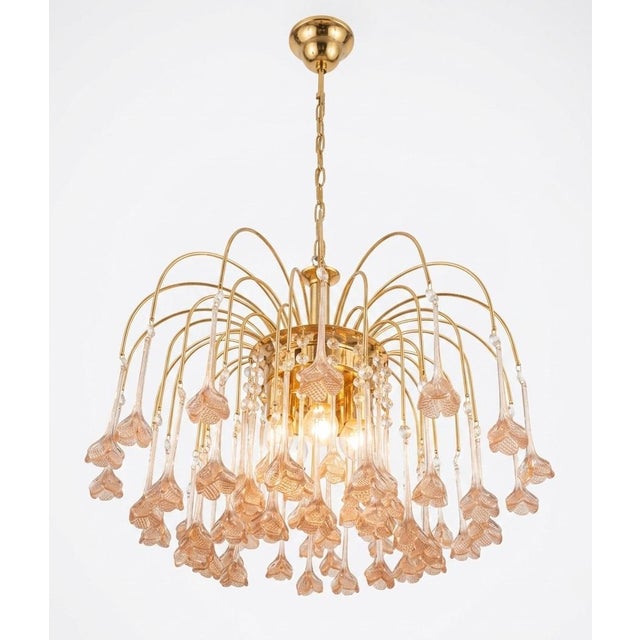 Vintage Gold Rain Chandelier with Handmade Murano Glass Pink Flowers, Italy, 1960 For Sale - Image 16 of 16