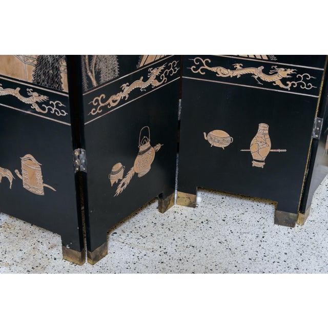 Eight Panel Black Oriental Screen For Sale - Image 4 of 10