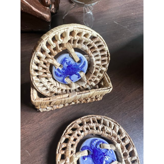 1970s Ceramic Blue Crab Coasters With Wicker Edges and Basket - a Pair For Sale - Image 4 of 8