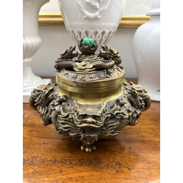 Ornate Mid 20th Century Cast Brass Chinese Incense Burner Censer With Dragons and Fu Dogs and Green Stone Finial For Sale - Image 10 of 12