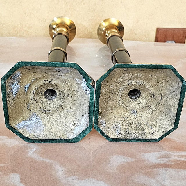 Metal Pair of Vintage Brass & Black Enamel Candlestick Holders For Sale - Image 7 of 14