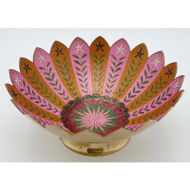 Metal Pair of Boho Brass & Pink Enameled Lotus Bowls by Sarreid Ltd. For Sale - Image 7 of 9