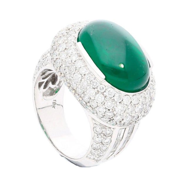 Metal AGL Certified 10 Carat Cabochon Cut Minor Oil Emerald and Diamond Cluster Ring, Size 6.25 For Sale - Image 7 of 12