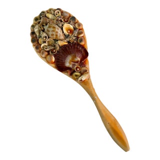 Mid-Century Mermaid Grotto Sailors Valentine Sea Shell Encrusted Vanity Hand Mirror For Sale