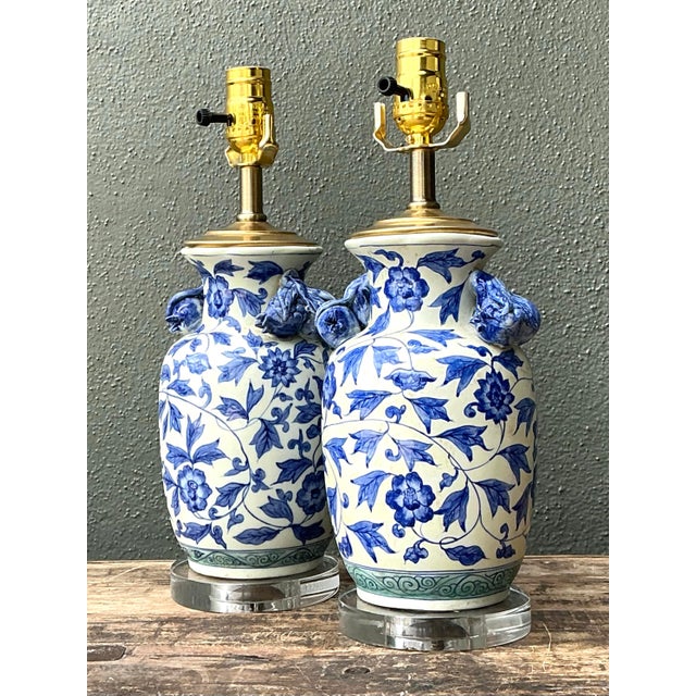 Vintage Asian Blue and White Floral Ceramic Lamps - A Pair For Sale - Image 12 of 12
