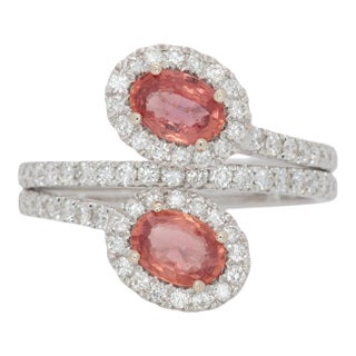1.1Ct Padparadscha Sapphire Toi Et Moi Ring With Natural Diamonds Halo: 14k Gold, Size 6.75 For Sale