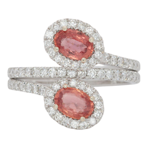 1.1Ct Padparadscha Sapphire Toi Et Moi Ring With Natural Diamonds Halo: 14k Gold, Size 6.75