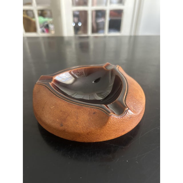 Brown Ceramic and Leather Ashtray by Longchamp, 1950s For Sale - Image 8 of 10