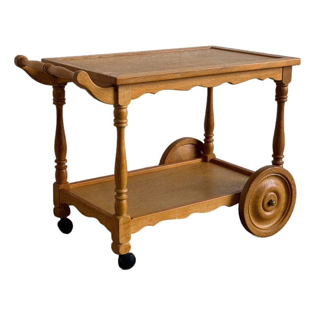 Oak Two-Tier Rolling Bar Cart Danish Mid-Century Modern Serving Trolley 1970s For Sale