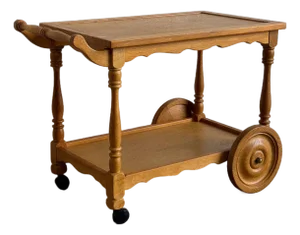 Oak Two-Tier Rolling Bar Cart Danish Mid-Century Modern Serving Trolley 1970s