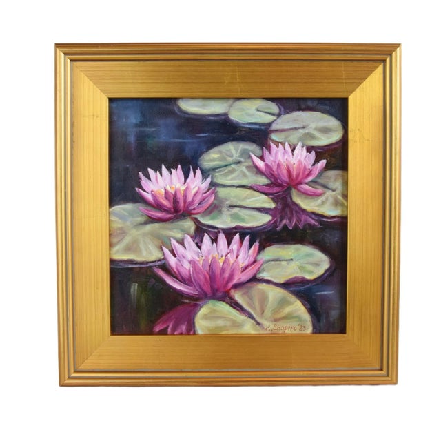 Wood Pink & Lavender Water Lilies Oil Painting Displayed in an Antiqued Gold Wood Frame For Sale - Image 7 of 9