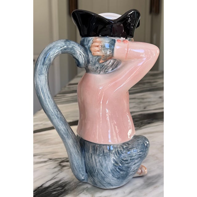 Majolica Style Singerie Motif Pitcher For Sale - Image 4 of 12