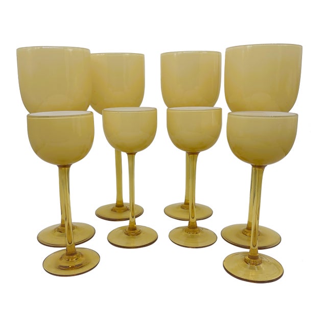 1970s Carlo Moretti Murano Style Cased Glass Stemware – Set of 8 Amber & White Wine and Water Goblets For Sale