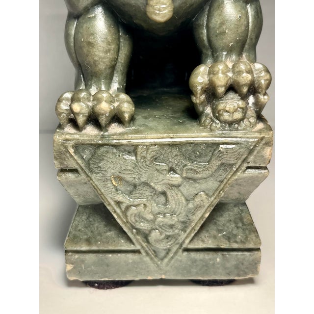 1980s Vintage Chinese Green Serpentine Jade Pixiu - Fierce Guardian Figurine 7 1/2'' For Sale - Image 5 of 11