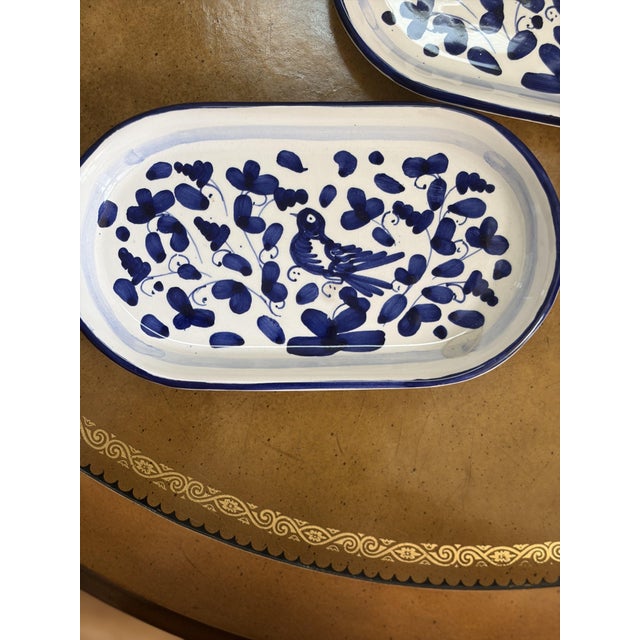 Mario & C. SNC set of 2 oval ceramic serving platters featuring a hand-painted blue floral and bird design, made in Italy....
