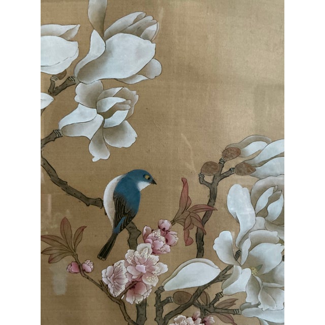 Gold Beautiful Framed East Asian Botanical and Bird Painting For Sale - Image 8 of 12