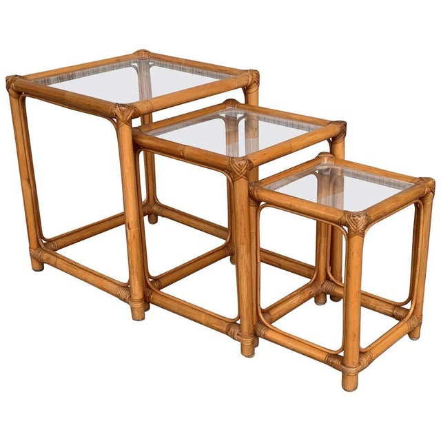 Brown Bamboo and Rattan Nesting Tables With Clear Glass Top For Sale - Image 8 of 8