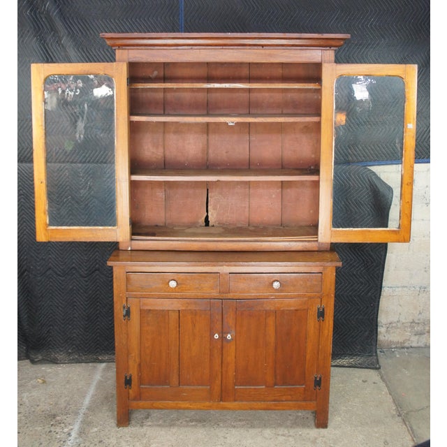 Late 19th Century Antique Early American Stepback Farmhouse Oak Kitchen Cupboard Display Cabinet For Sale - Image 5 of 15