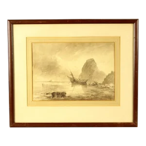 Antique Charles Thornely British Brown Ink Wash Drawing of a Cornwall Rocky Shore W. Shipwreck