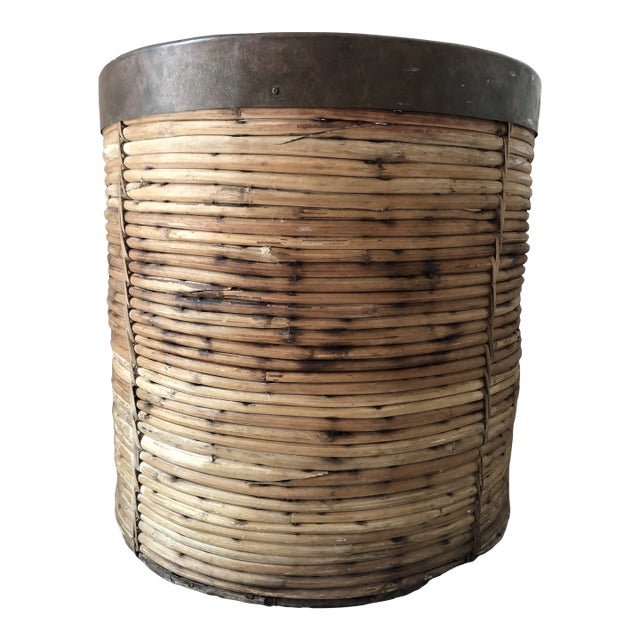 Vintage Italian Rattan Basket With Copper Rim For Sale