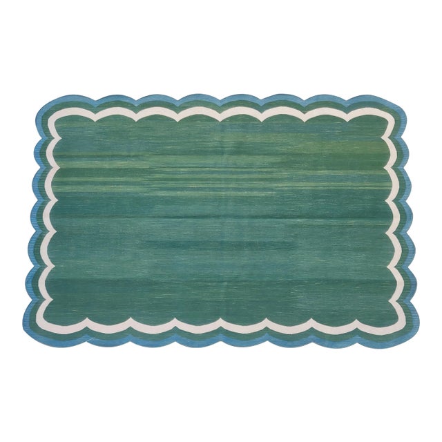 Handmade Cotton Scalloped Rug, Forest Green with Cream and Blue Full Border - 10'x14' For Sale