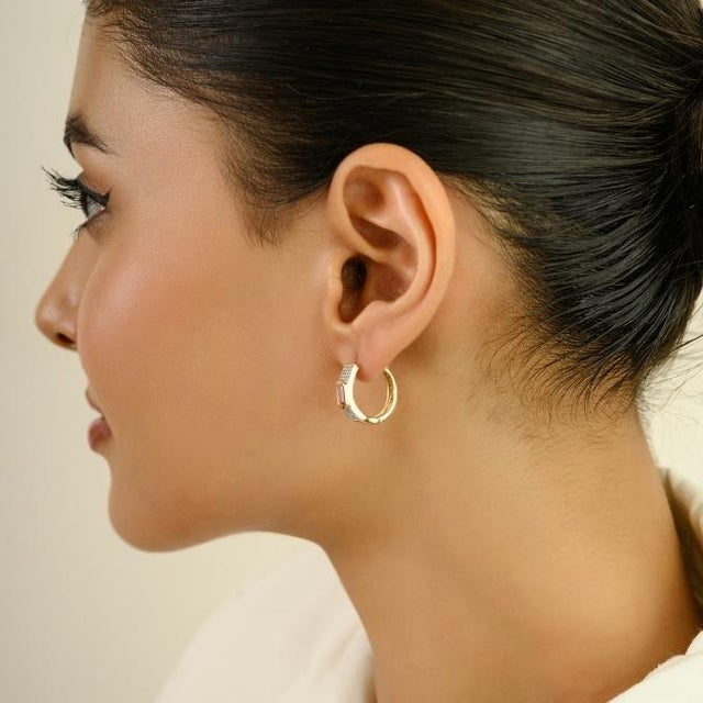 Pink 14k Yellow Gold Octagon Sapphire & Diamond Pink Contemporary Hoop Earrings- A Pair For Sale - Image 8 of 12