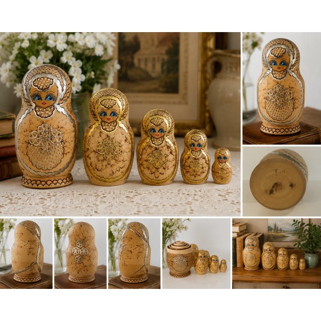 Folk Art Signed Soviet Russian Matryoshka Nesting Doll Set W/ Pyrography Decor 6.25” Tall For Sale - Image 3 of 12