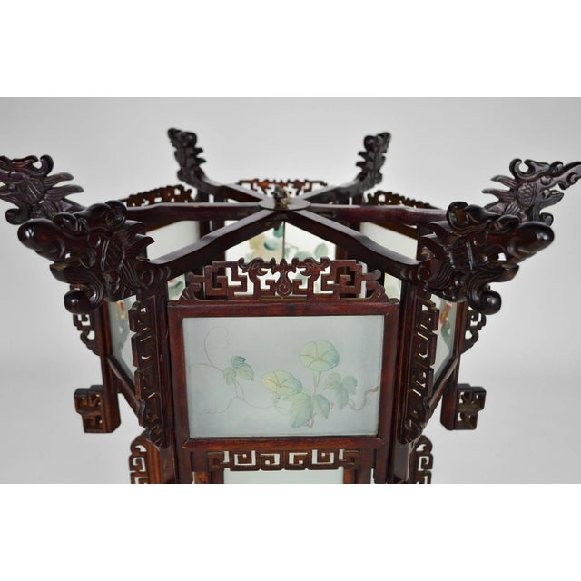 Large Antique Asian Carved Wood Lantern with Dragons & Painted Glass Panels, 1900s For Sale - Image 13 of 18