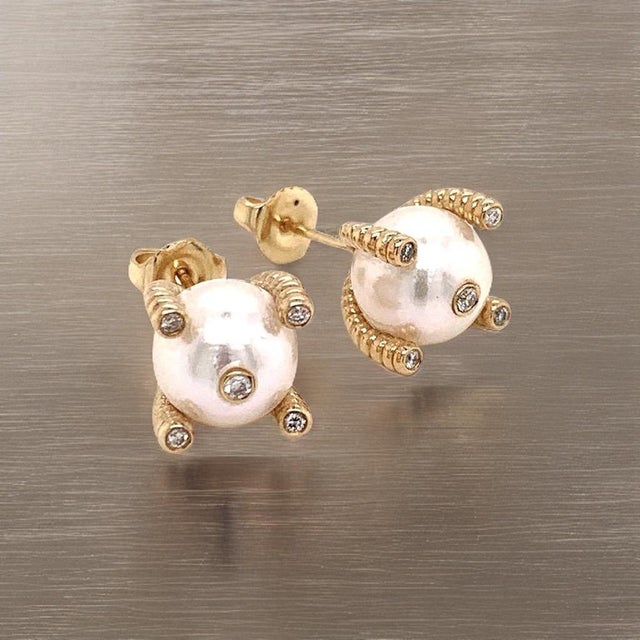 Diamond Large Akoya Pearl Earrings 14k Gold 9.25 mm Certified For Sale - Image 11 of 14