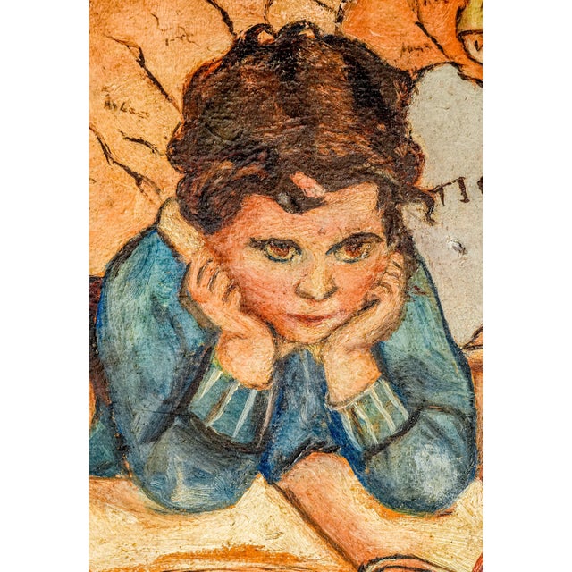 Figurative Unusual Antique Framed Oil Painting Portrait Unhappy Student Girl Classroom School For Sale - Image 3 of 11