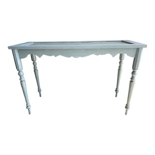 Vintage Etched Glass Carved Wood Console Table For Sale